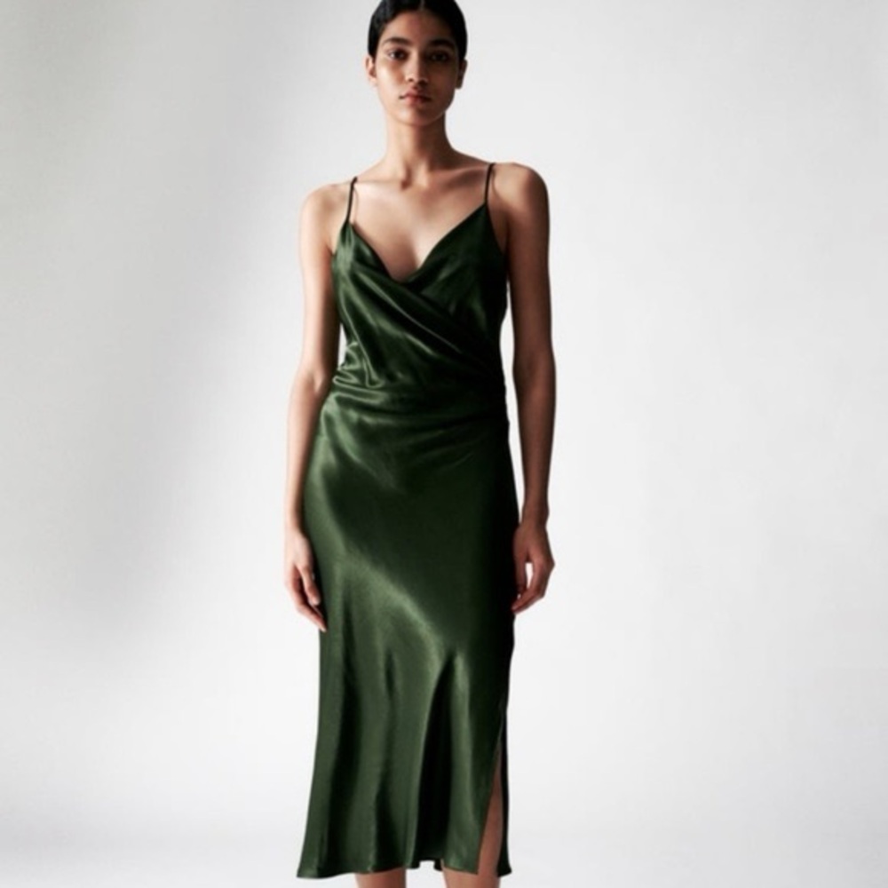 Zara Dark Green Satin Midi Dress